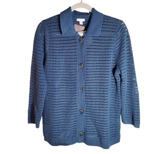 J.Jill Textured 3/4 Sleeve Cardi Open Knit Collared Cardigan Seaside Cotton Mix